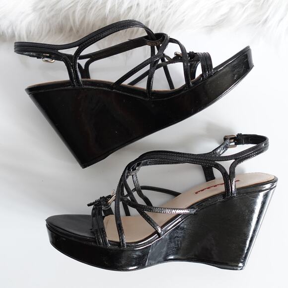 Prada Black Patent Leather Strappy Buckled Wedge Sandals - Picture 4 of 16